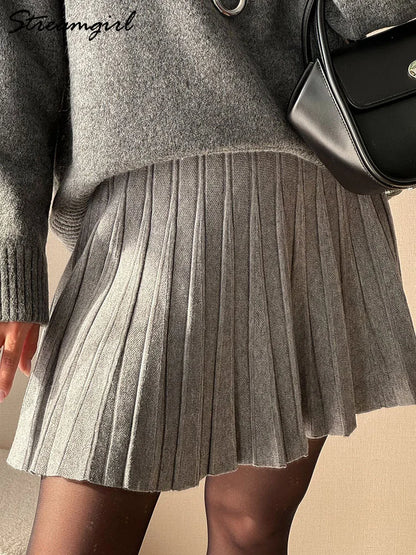 Spring Knit White Mini Pleated Skirts For Women A Line Skirt Gray High Waist Women Knitted Pleated Short Skirts Korean Fashion