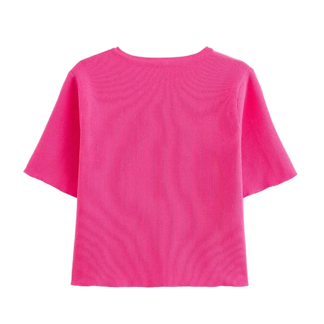 TRAFZA Women Elegant Solid Cardigan Coat Jackets Short Sleeve Metal Button Thin Knitted Shirt Female Y2K Cropped Top Outwear