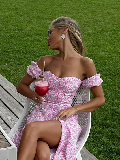 Wolfeel Women's Off Shoulder Floral Dress Summer New Fashionable Slit Long Slim Fit Print Dress Sexy Hot Girl Evening Dresses