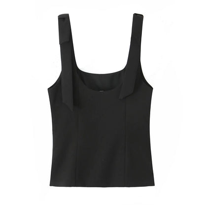 TRAFZA Summer Woman Elegant High Street Solid Side Zipper Slim Tops Women's Chic Sexy Sleeveless Bow Square Collar Sling Top