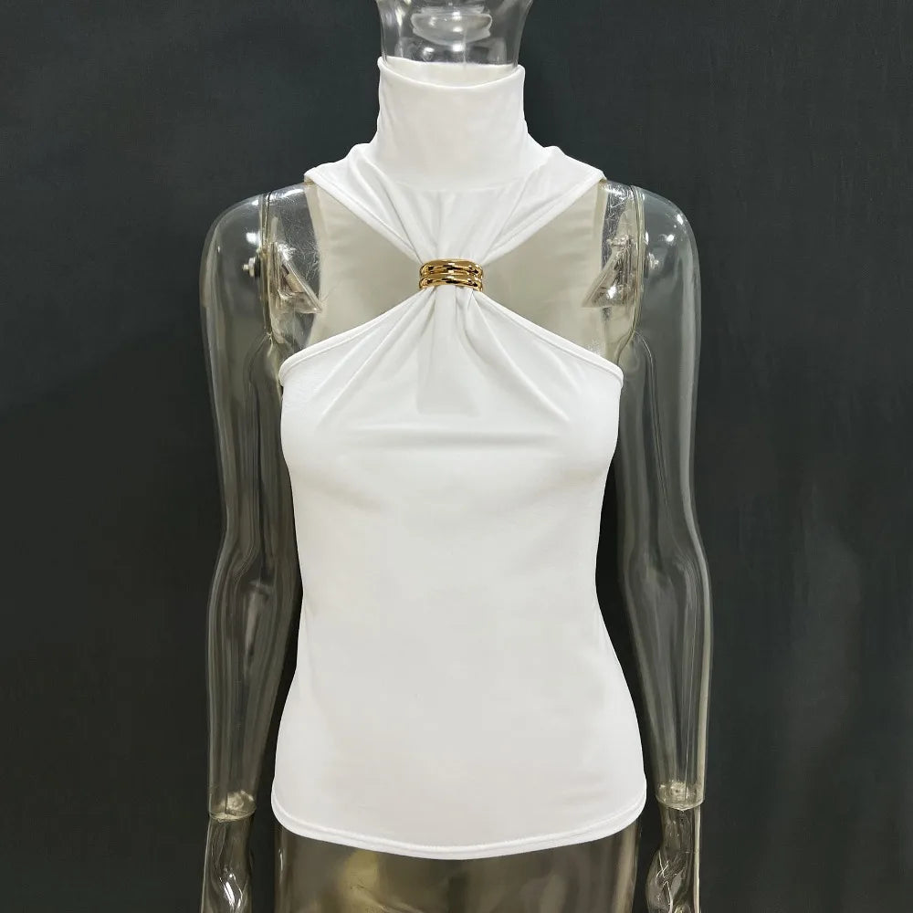 Summer Sexy Metal Ring Off Shoulder Tank Tops Women Fashion Turtleneck Sleeveless Slim Cropped Tops Elastic T-shirts Tee 2025