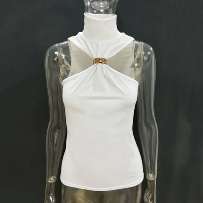 Summer Sexy Metal Ring Off Shoulder Tank Tops Women Fashion Turtleneck Sleeveless Slim Cropped Tops Elastic T-shirts Tee 2025