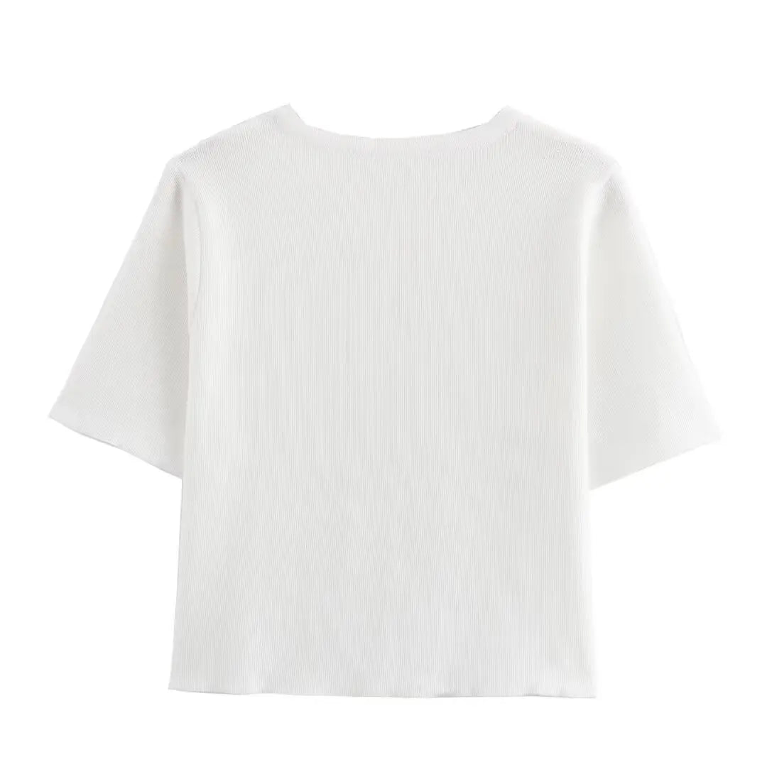 TRAFZA Women Elegant Solid Cardigan Coat Jackets Short Sleeve Metal Button Thin Knitted Shirt Female Y2K Cropped Top Outwear