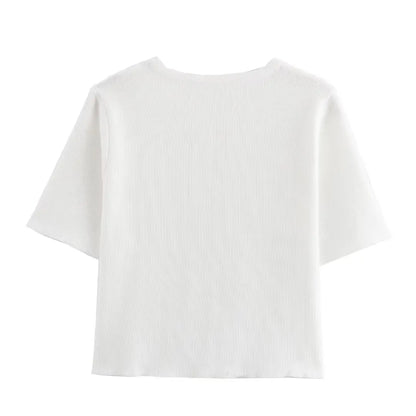TRAFZA Women Elegant Solid Cardigan Coat Jackets Short Sleeve Metal Button Thin Knitted Shirt Female Y2K Cropped Top Outwear