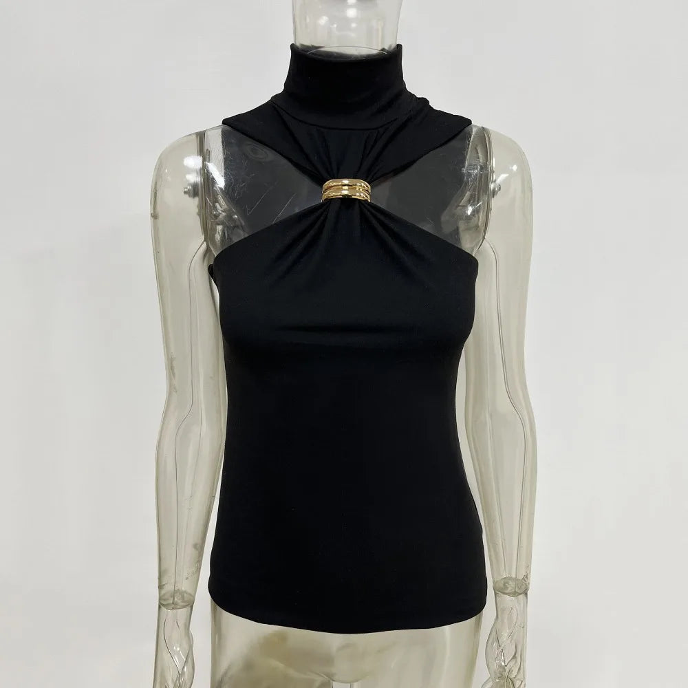 Summer Sexy Metal Ring Off Shoulder Tank Tops Women Fashion Turtleneck Sleeveless Slim Cropped Tops Elastic T-shirts Tee 2025