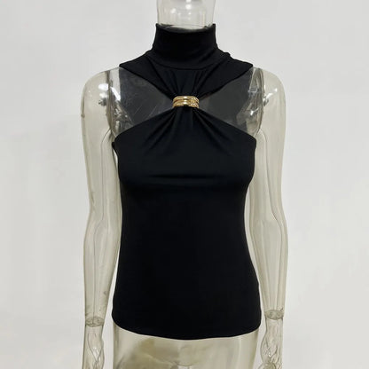 Summer Sexy Metal Ring Off Shoulder Tank Tops Women Fashion Turtleneck Sleeveless Slim Cropped Tops Elastic T-shirts Tee 2025
