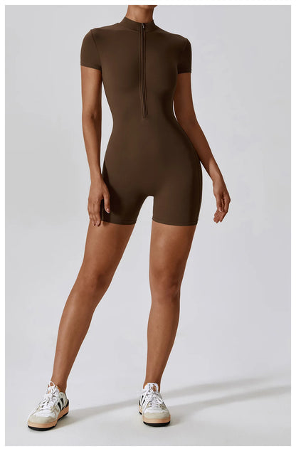 Yoga Jumpsuit Summer Short Sleeve Zipper Sports Wear Gym Fitness Sports Bodysuits Women Dance Running Workout Clothes Yoga Suit