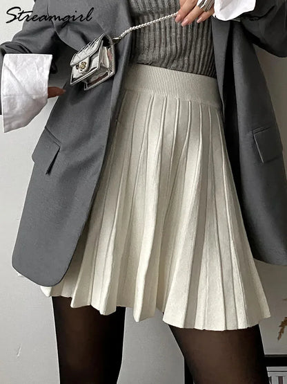 Spring Knit White Mini Pleated Skirts For Women A Line Skirt Gray High Waist Women Knitted Pleated Short Skirts Korean Fashion