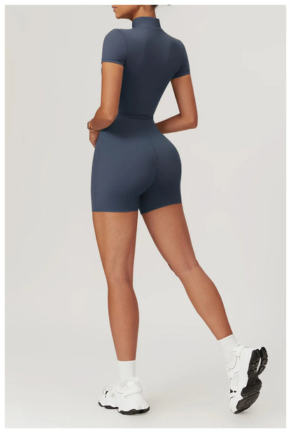 Yoga Jumpsuit Summer Short Sleeve Zipper Sports Wear Gym Fitness Sports Bodysuits Women Dance Running Workout Clothes Yoga Suit