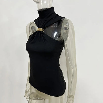 Summer Sexy Metal Ring Off Shoulder Tank Tops Women Fashion Turtleneck Sleeveless Slim Cropped Tops Elastic T-shirts Tee 2025
