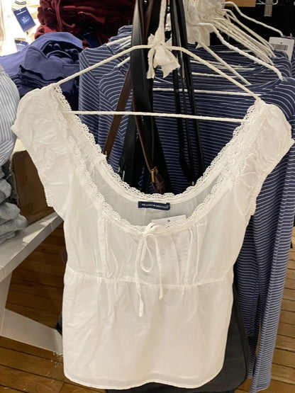 2024 New White Lace Tied Square Neck Summer T-shirts Chic Elegant Short Sleeve Tee Cotton Y2K Street Casual Bow Tie-up Top Women