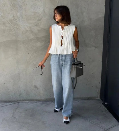 Tossy White Bandage Ribbed Tank Top Shirts For Women Hollow Out Sleeveless Slim Summer Fashion Vest Women's Lace-Up Vest Y2k Top