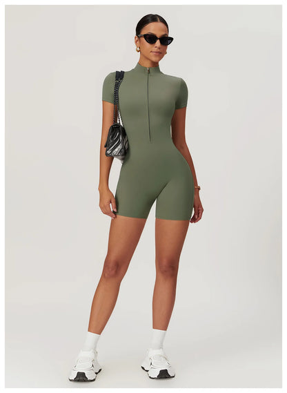 Yoga Jumpsuit Summer Short Sleeve Zipper Sports Wear Gym Fitness Sports Bodysuits Women Dance Running Workout Clothes Yoga Suit