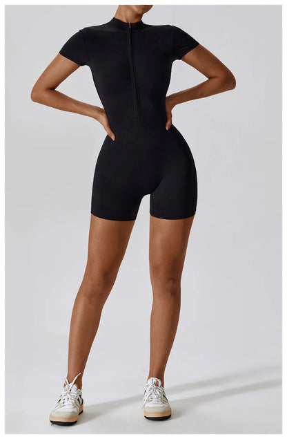 Yoga Jumpsuit Summer Short Sleeve Zipper Sports Wear Gym Fitness Sports Bodysuits Women Dance Running Workout Clothes Yoga Suit