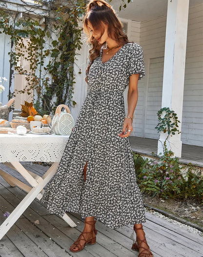 Vintage Floral Dresses for Women Elegant Loose New Slit Dress Summer Beach Holiday Leisure Long Dresses High Waist Print Vestido