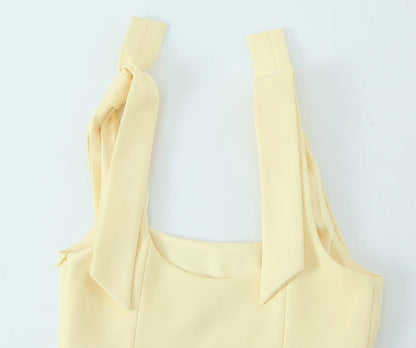TRAFZA Summer Woman Elegant High Street Solid Side Zipper Slim Tops Women's Chic Sexy Sleeveless Bow Square Collar Sling Top