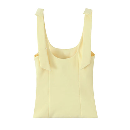 TRAFZA Summer Woman Elegant High Street Solid Side Zipper Slim Tops Women's Chic Sexy Sleeveless Bow Square Collar Sling Top