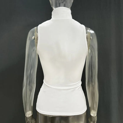 Summer Sexy Metal Ring Off Shoulder Tank Tops Women Fashion Turtleneck Sleeveless Slim Cropped Tops Elastic T-shirts Tee 2025