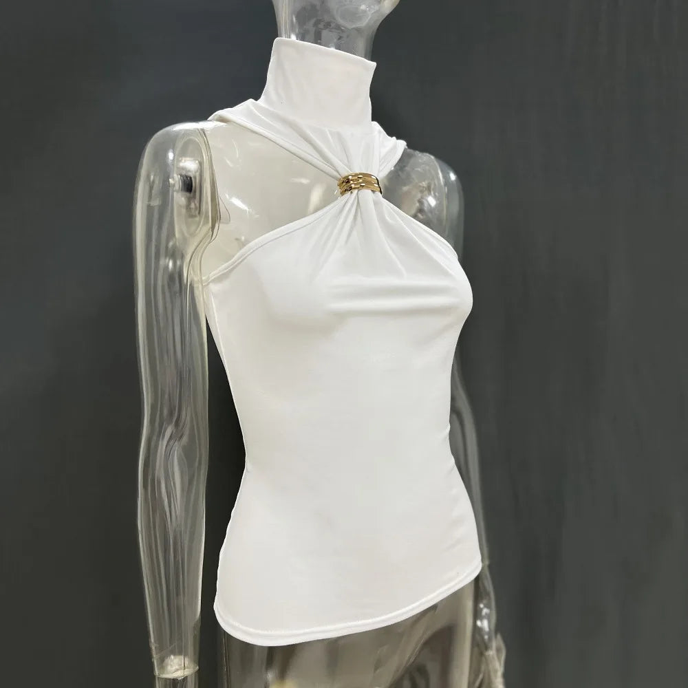 Summer Sexy Metal Ring Off Shoulder Tank Tops Women Fashion Turtleneck Sleeveless Slim Cropped Tops Elastic T-shirts Tee 2025