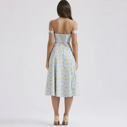 Suninheart Elegant Summer Corset Dress 2024 New Arrivals Blue Slit Flower Print Flare Dress Midi Casual Lace Up Holiday Dress