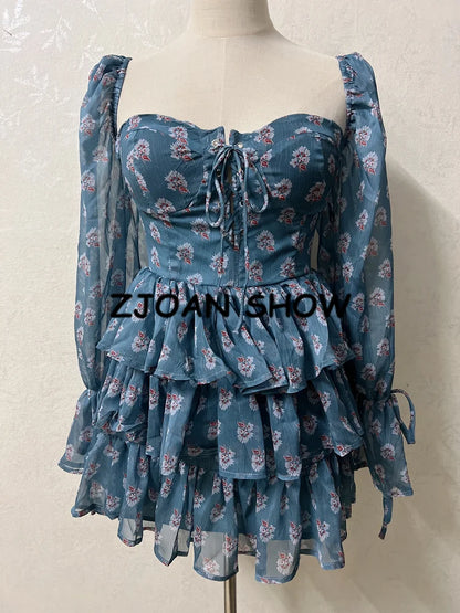 2022 Women Sexy Cross Bandage Black Flower Print Puff Long Sleeve Dress 3 layer Wood Ears Ruffles Hem Cake Mini Holiday Robe