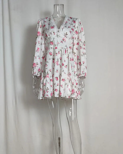 Luxury new elegant sweet print V-neck lace short long sleeve floral dress women