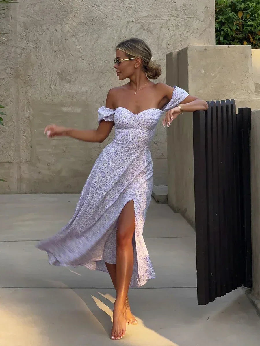 Wolfeel Women's Off Shoulder Floral Dress Summer New Fashionable Slit Long Slim Fit Print Dress Sexy Hot Girl Evening Dresses