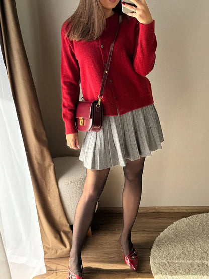 Spring Knit White Mini Pleated Skirts For Women A Line Skirt Gray High Waist Women Knitted Pleated Short Skirts Korean Fashion
