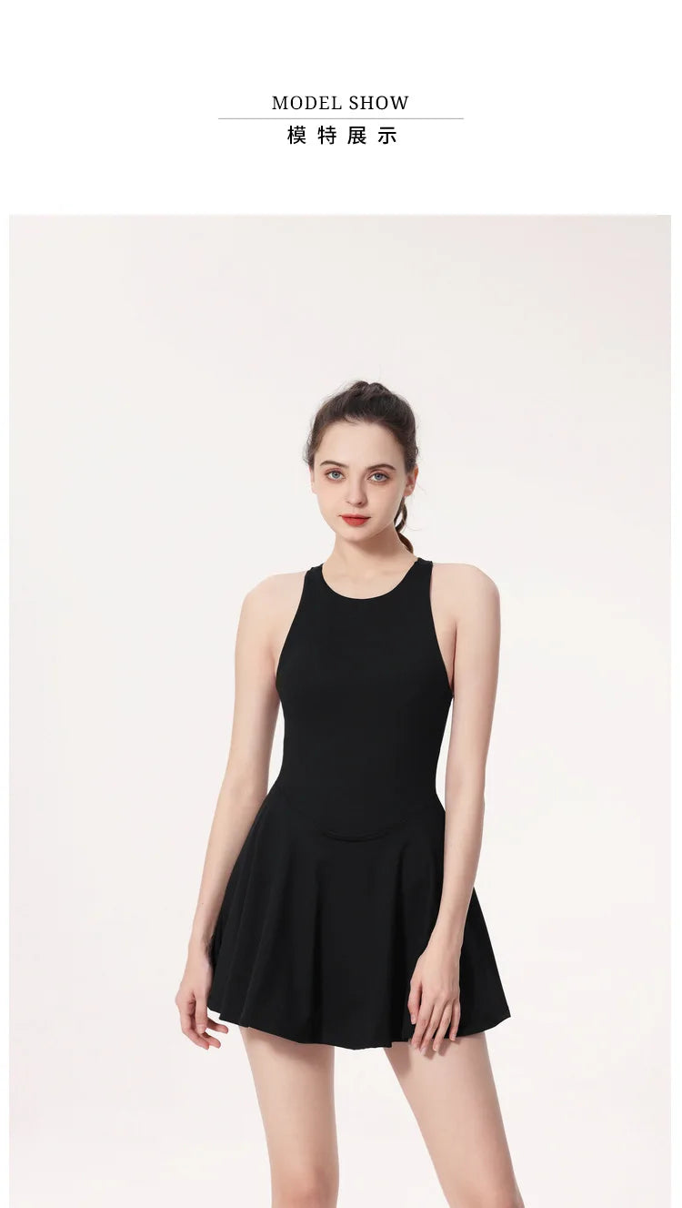 Gym Set Fitness Bodysuit Sportswear Women Romper Short Skirt Jumpsuit Sleeveless Workout Clothes Push Up One-piece Yoga Suit