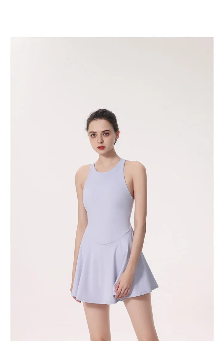Gym Set Fitness Bodysuit Sportswear Women Romper Short Skirt Jumpsuit Sleeveless Workout Clothes Push Up One-piece Yoga Suit