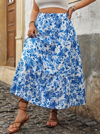 Plus Size Women Elegant Floral Print Skirt Casual Fashion Loose High Waist Long Vintage Midi A-line Skirts