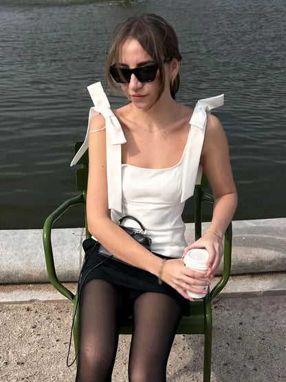 TRAFZA Summer Woman Elegant High Street Solid Side Zipper Slim Tops Women's Chic Sexy Sleeveless Bow Square Collar Sling Top