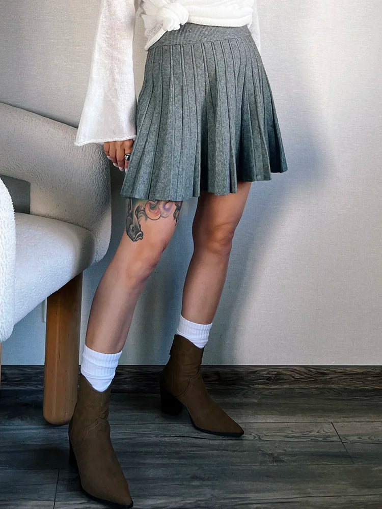 Spring Knit White Mini Pleated Skirts For Women A Line Skirt Gray High Waist Women Knitted Pleated Short Skirts Korean Fashion
