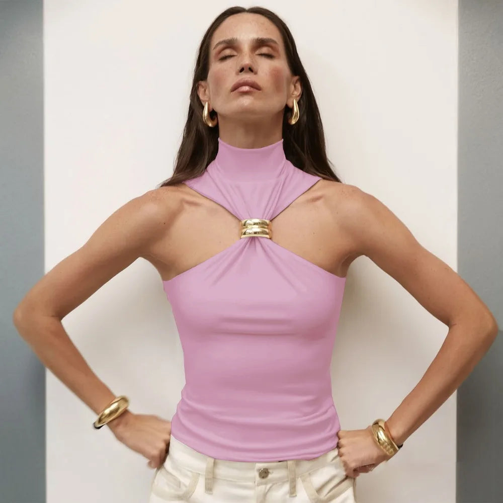 Summer Sexy Metal Ring Off Shoulder Tank Tops Women Fashion Turtleneck Sleeveless Slim Cropped Tops Elastic T-shirts Tee 2025