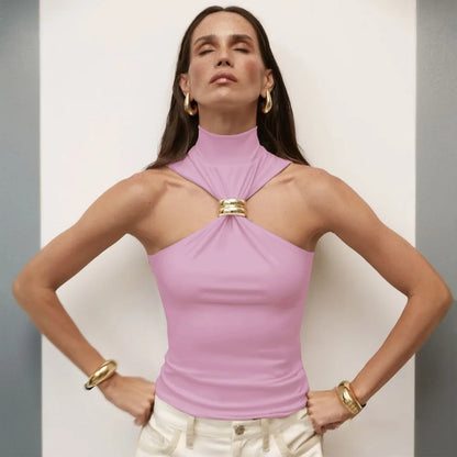 Summer Sexy Metal Ring Off Shoulder Tank Tops Women Fashion Turtleneck Sleeveless Slim Cropped Tops Elastic T-shirts Tee 2025