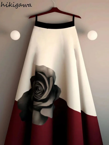 Vintage Skirt Women's Clothing Contrast Color Floral A-line Temperament Jupe 2025 Faldas Mujer De Moda Big Swing Summer Skirts