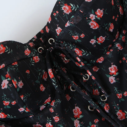 2022 Women Sexy Cross Bandage Black Flower Print Puff Long Sleeve Dress 3 layer Wood Ears Ruffles Hem Cake Mini Holiday Robe