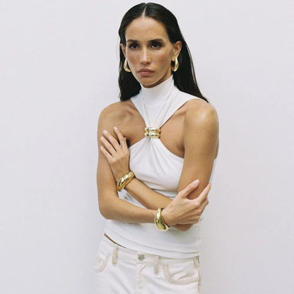 Summer Sexy Metal Ring Off Shoulder Tank Tops Women Fashion Turtleneck Sleeveless Slim Cropped Tops Elastic T-shirts Tee 2025