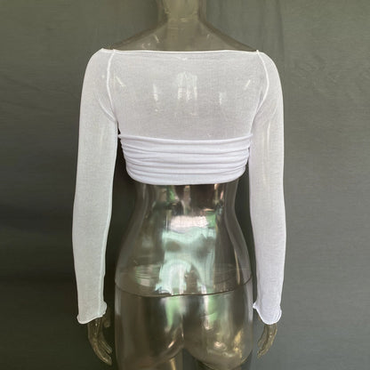 Mozision See Through Mesh Crop Top Women Pullovers Strapless Short Knit Cropped Tops Ladies Tee Shirt Sexy Off-shoulder T-shirt