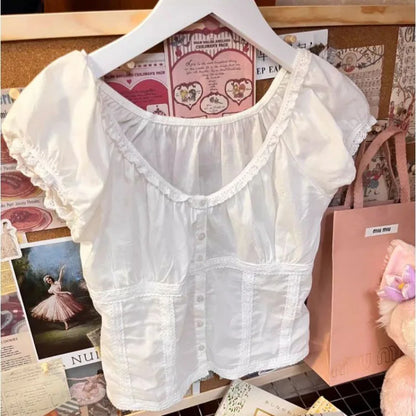 2024 New White Lace Tied Square Neck Summer T-shirts Chic Elegant Short Sleeve Tee Cotton Y2K Street Casual Bow Tie-up Top Women
