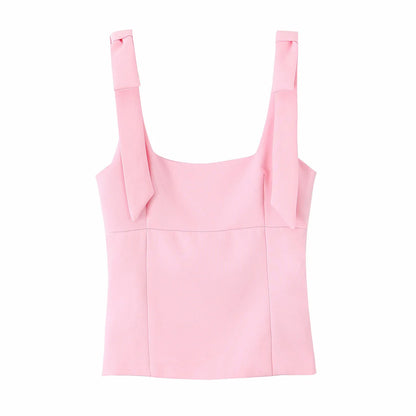 TRAFZA Summer Woman Elegant High Street Solid Side Zipper Slim Tops Women's Chic Sexy Sleeveless Bow Square Collar Sling Top