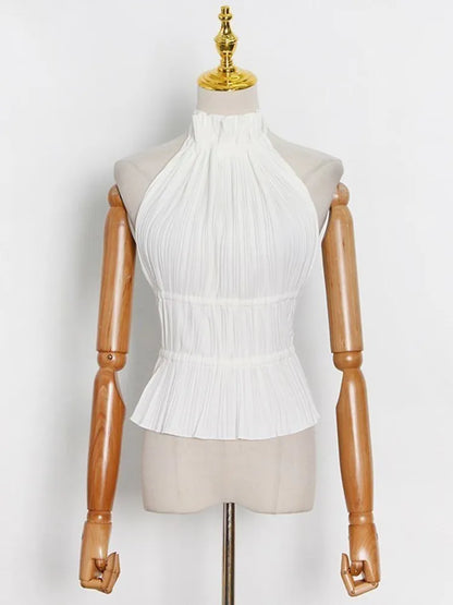 VGH Solid Patchwork Folds Sexy Tank Tops For Women Halter Sleeveless Backless Splice Lace Up Minimalist Vests Female Fashion New