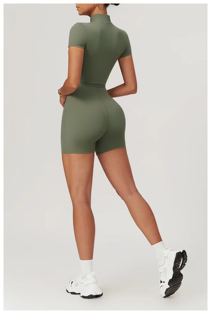 Yoga Jumpsuit Summer Short Sleeve Zipper Sports Wear Gym Fitness Sports Bodysuits Women Dance Running Workout Clothes Yoga Suit