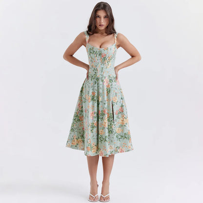 Suninheart Elegant Summer Corset Dress 2024 New Arrivals Blue Slit Flower Print Flare Dress Midi Casual Lace Up Holiday Dress