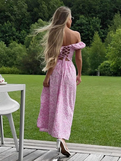 Wolfeel Women's Off Shoulder Floral Dress Summer New Fashionable Slit Long Slim Fit Print Dress Sexy Hot Girl Evening Dresses