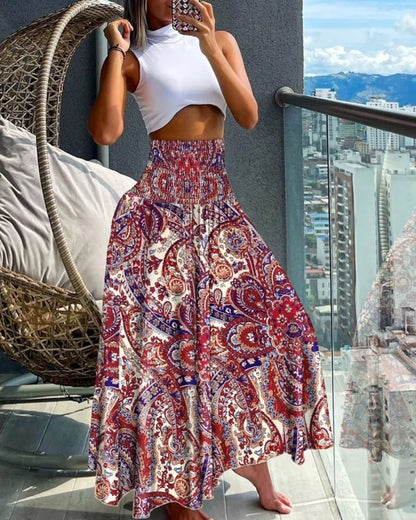 Fashion Cotton Women Floral Print Skirt Side Tie Beach Skirts Summer High Waist Wrap Flower Long Skirt