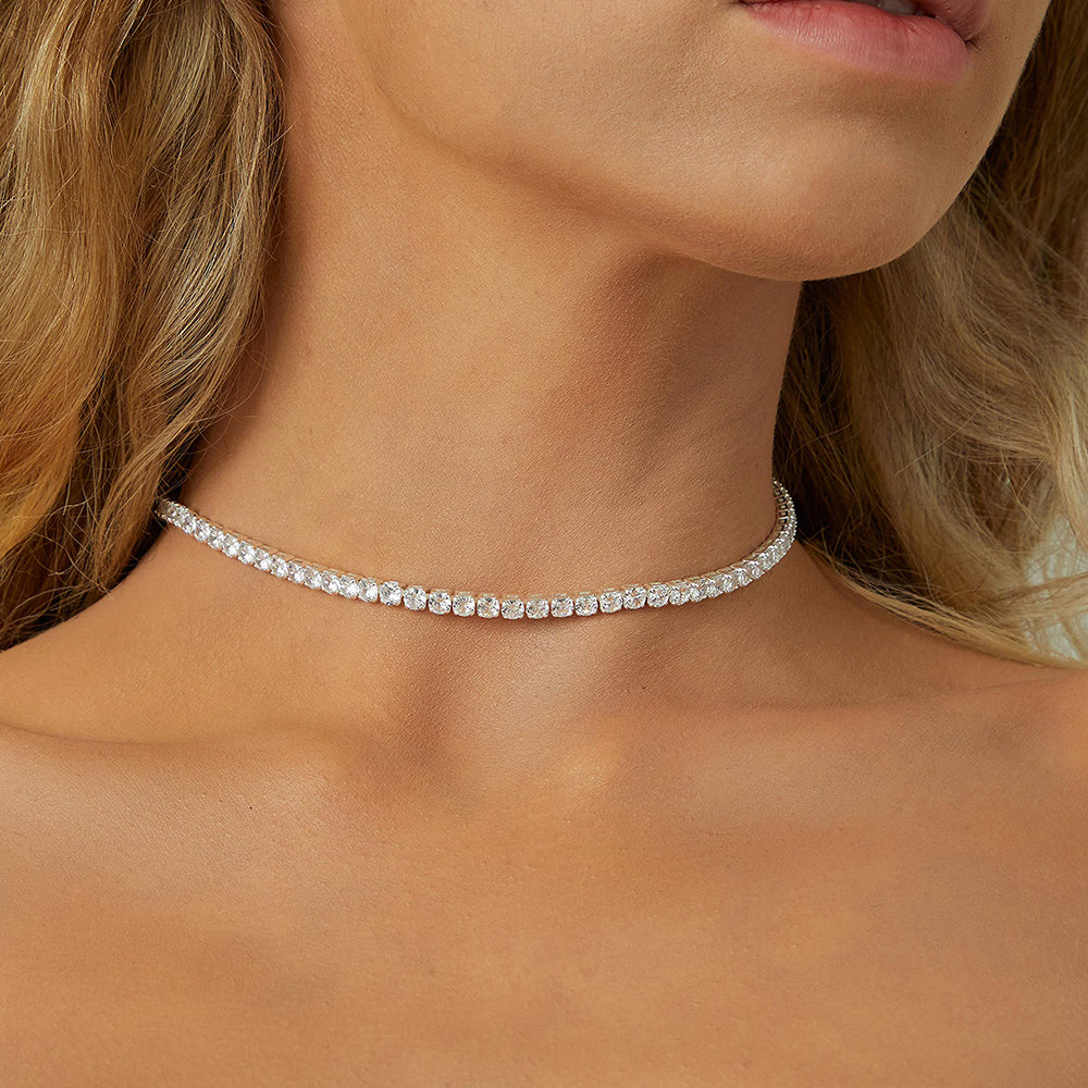 2mm Moissanite Tennis Necklace For Women S925 Silver Plated 18K Gold Sparking Rhinestone Choker Chain Wedding Jewelry Adjustable