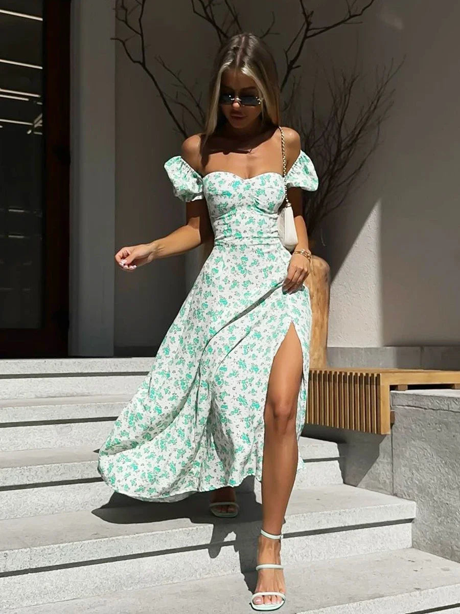 Wolfeel Women's Off Shoulder Floral Dress Summer New Fashionable Slit Long Slim Fit Print Dress Sexy Hot Girl Evening Dresses