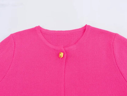 TRAFZA Women Elegant Solid Cardigan Coat Jackets Short Sleeve Metal Button Thin Knitted Shirt Female Y2K Cropped Top Outwear