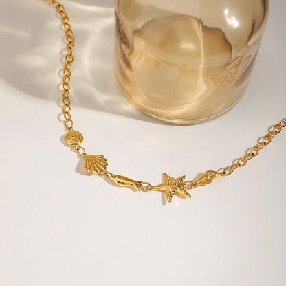 Zora Summer Beach Women's Starfish Clavicle Necklace Ocean Elements 18K Gold-plated Stainless Steel Waterproof Jewelry